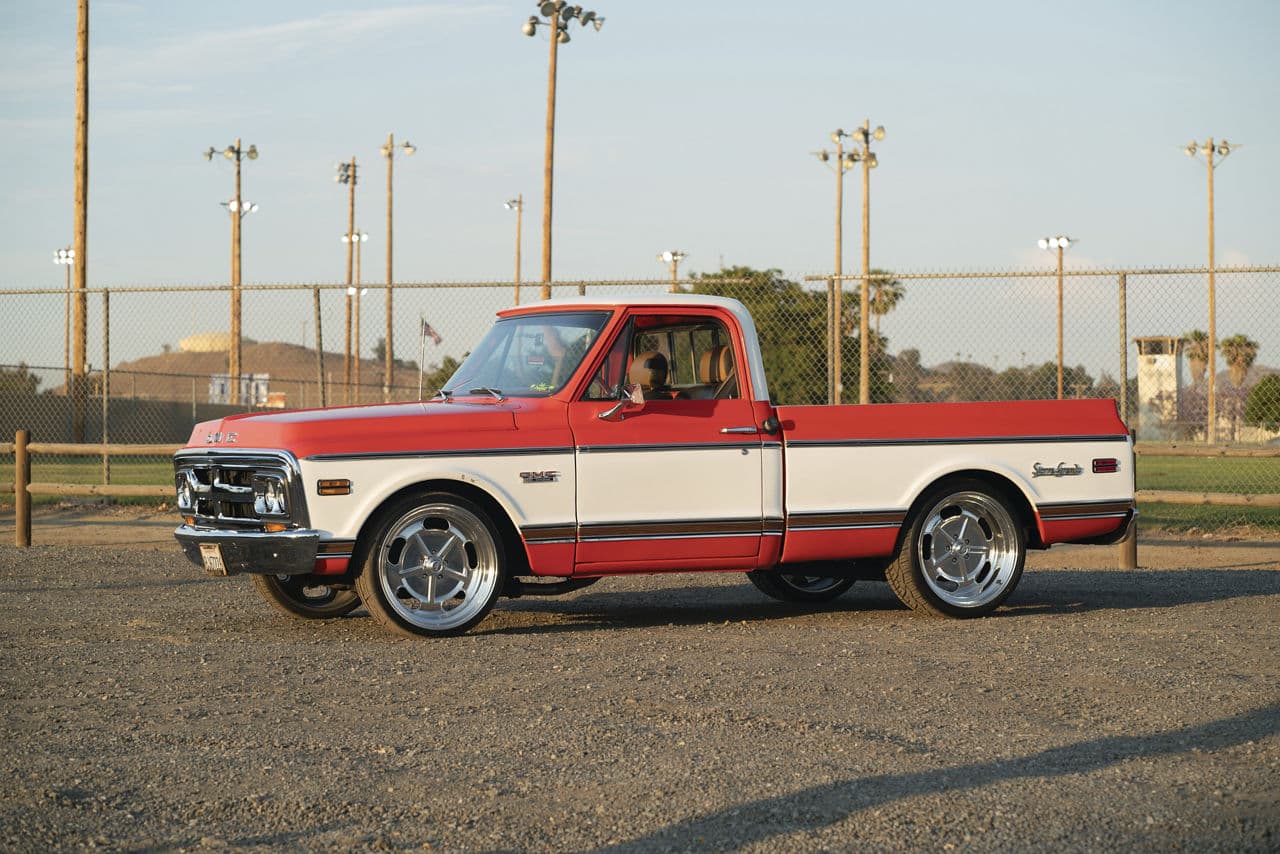 Side profile of 1970 GMC C10 with wheels