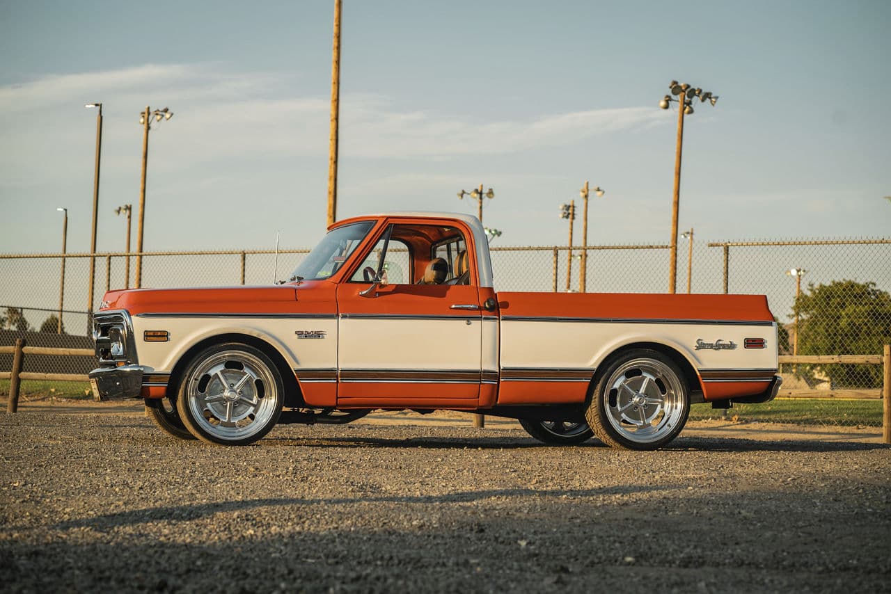 Rear view of 1970 GMC C10 with wheels