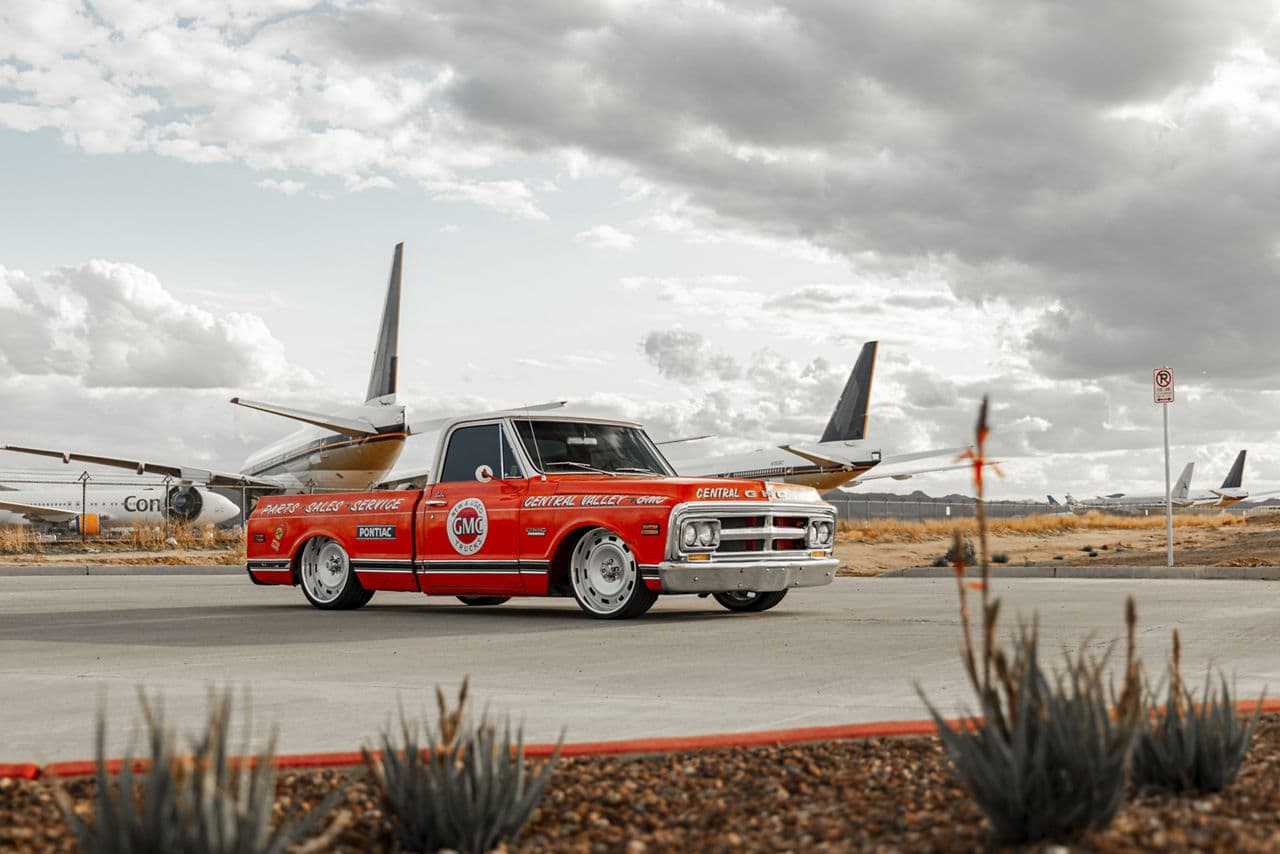 Detail view of 1970 GMC C10 with wheels