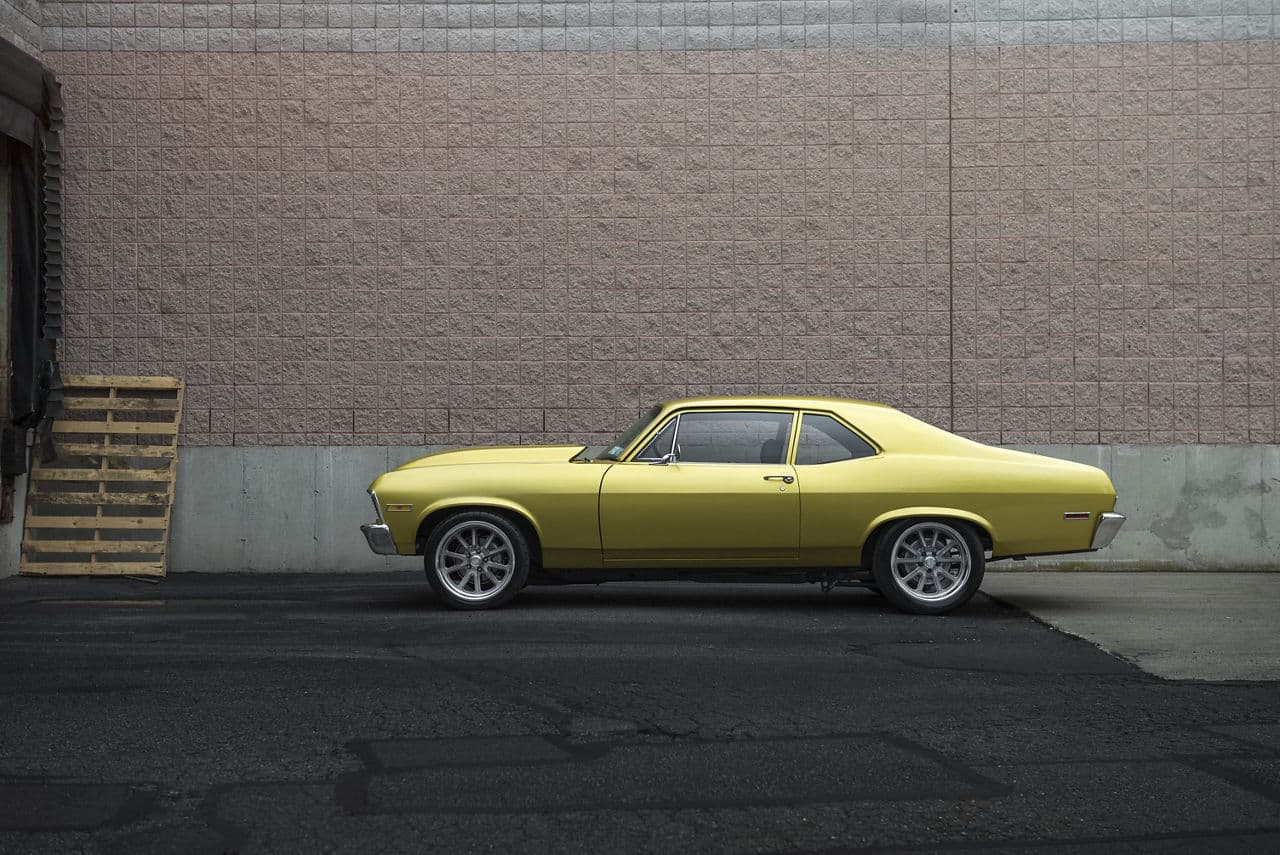 Side profile of 1971 Chevrolet Nova with wheels