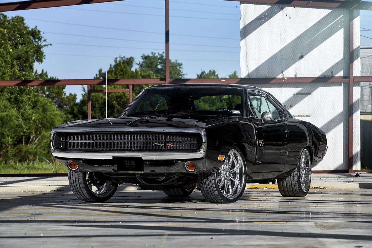 Rear view of 1973 Dodge Charger with wheels