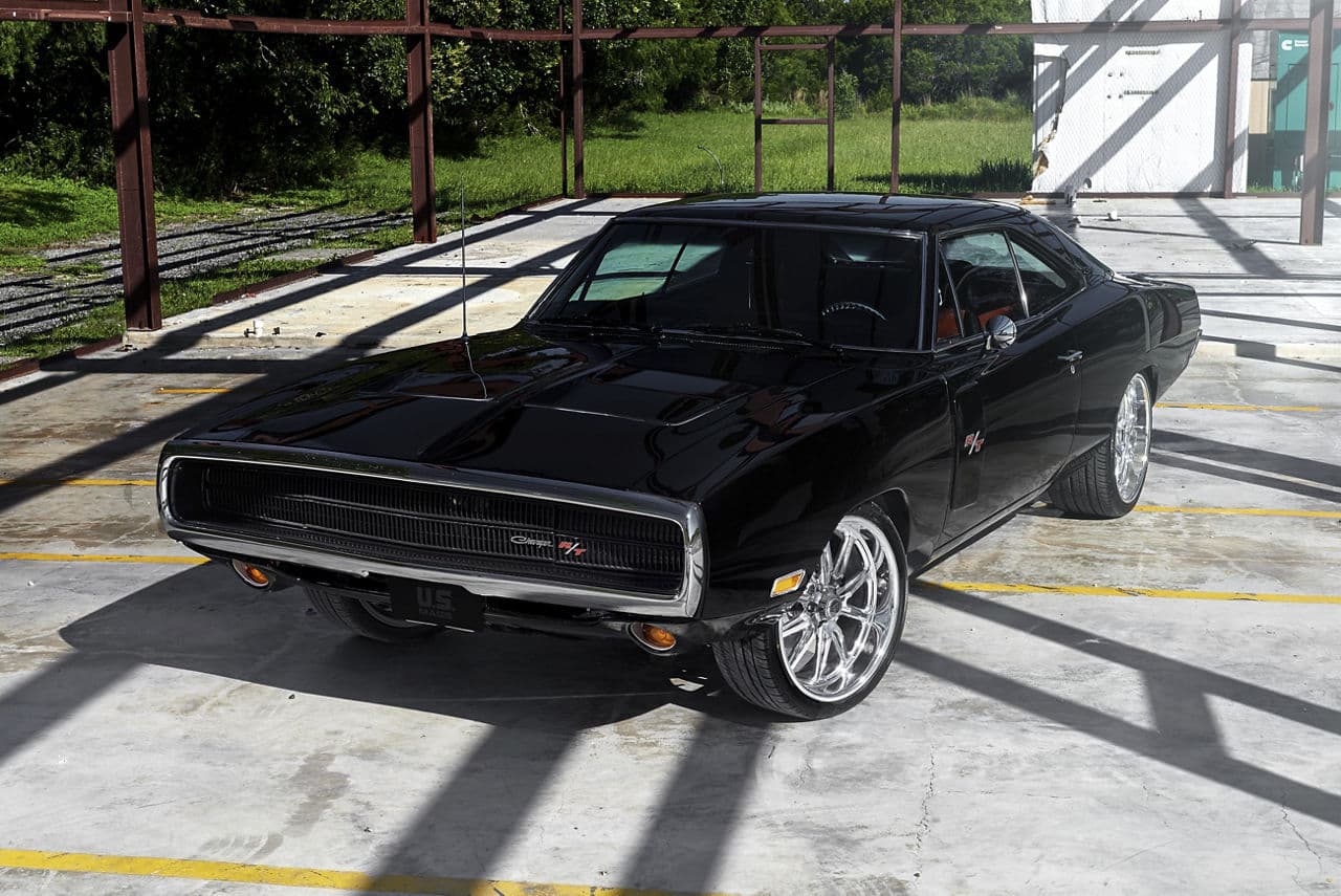 Detail view of 1973 Dodge Charger with wheels