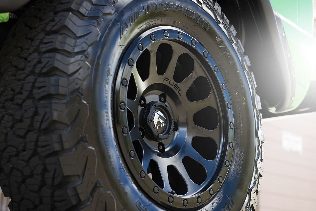 Detail view of 1973 Ford Bronco with wheels