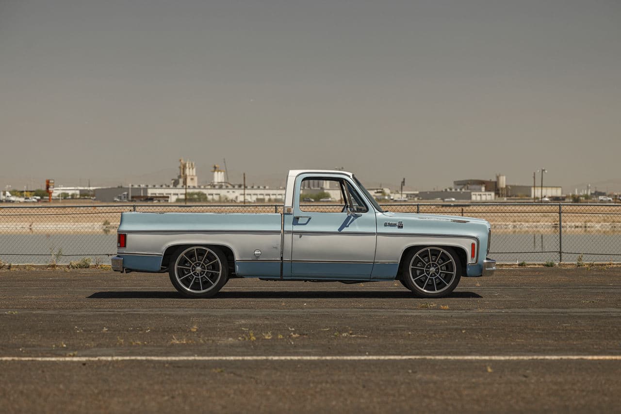 Side profile of 1976 Chevrolet C10 with wheels