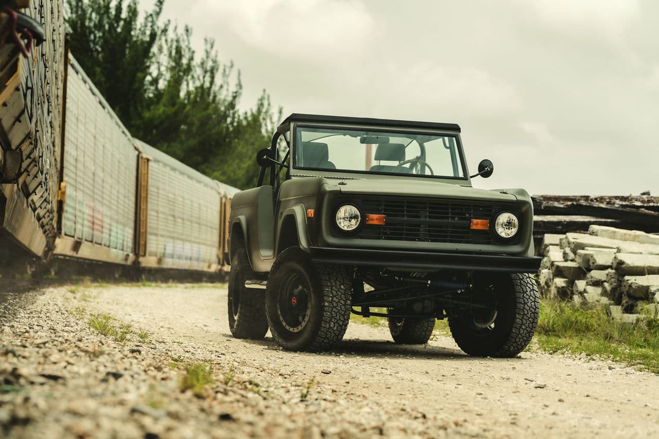 Rear view of 1977 Ford Bronco with truck suv wheels