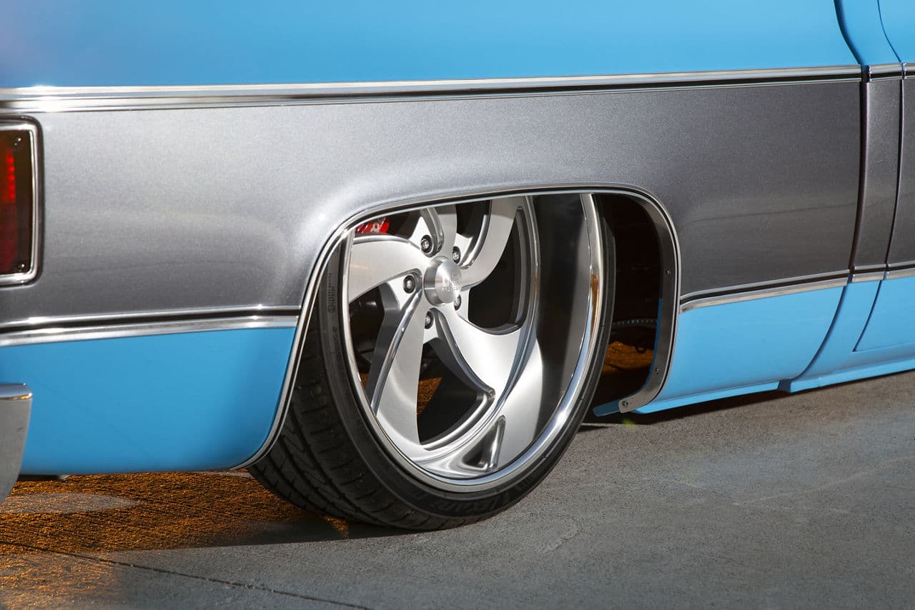Side profile of 1980 GMC C15 with wheels