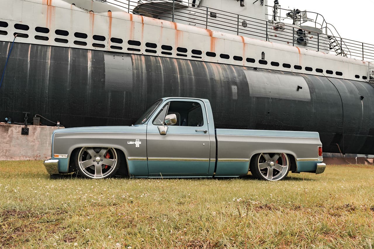 Side profile of 1985 Chevrolet C10 with wheels