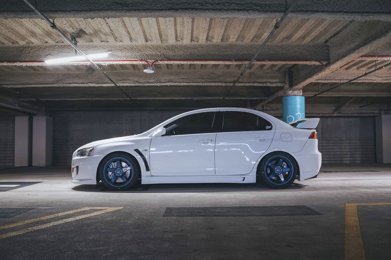 Rear view of 2013 Mitsubishi Evo X with wheels