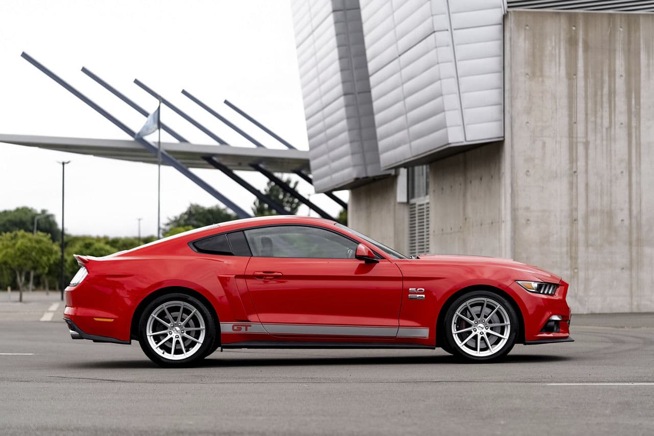 Side profile of 2017 Ford Mustang with wheels