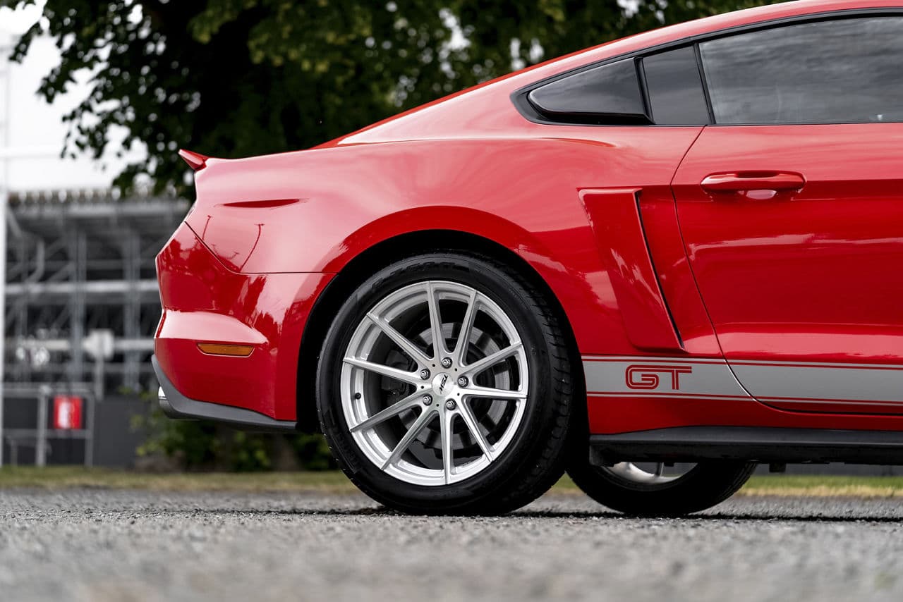 Rear view of 2017 Ford Mustang with wheels