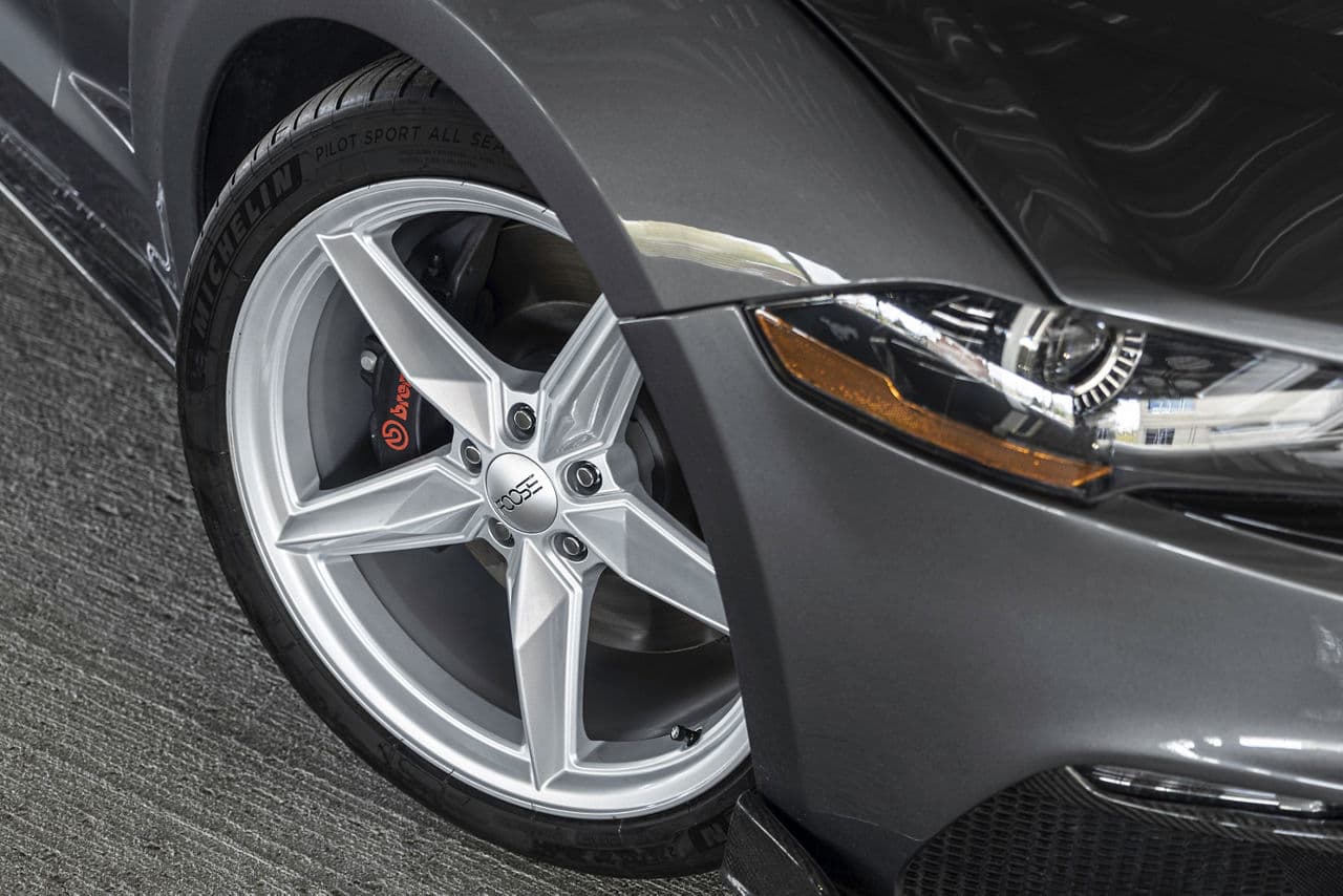 Rear view of 2019 Ford Mustang with wheels