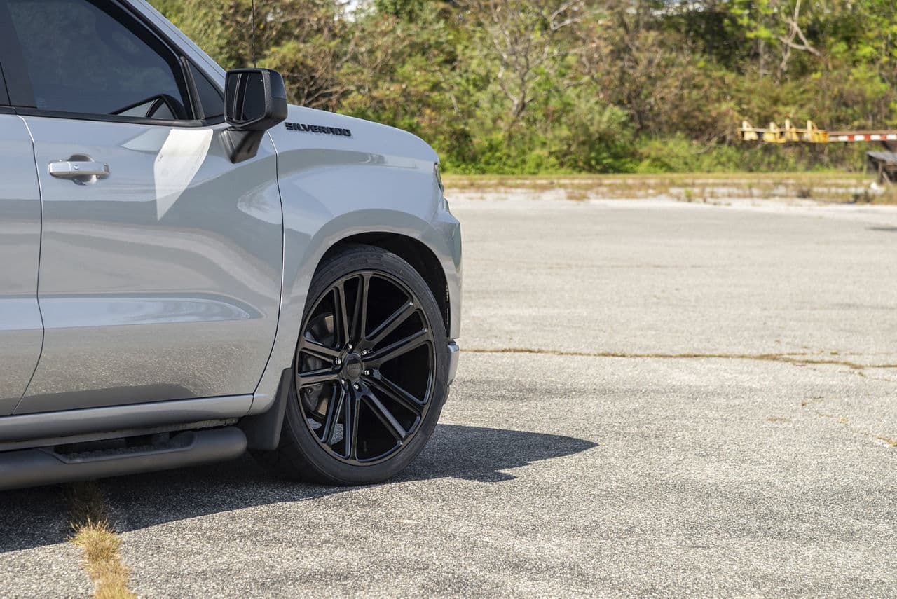 Detail view of 2020 Chevrolet Silverado with wheels