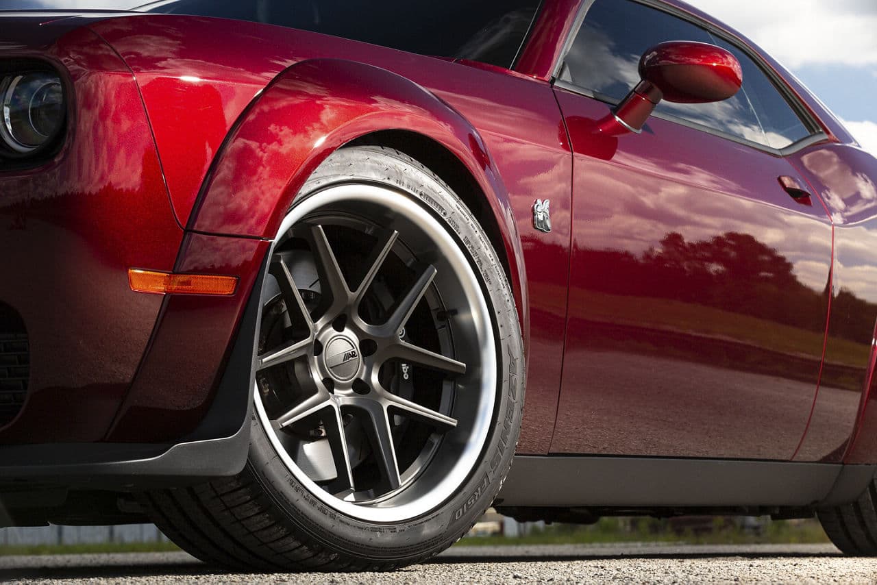 Rear view of 2020 Dodge Challenger Scatpack with wheels