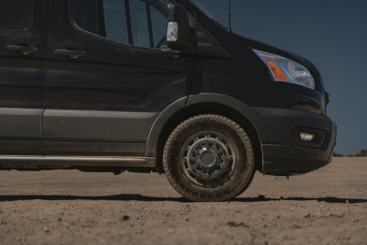 Rear view of 2020 Ford Transit with wheels