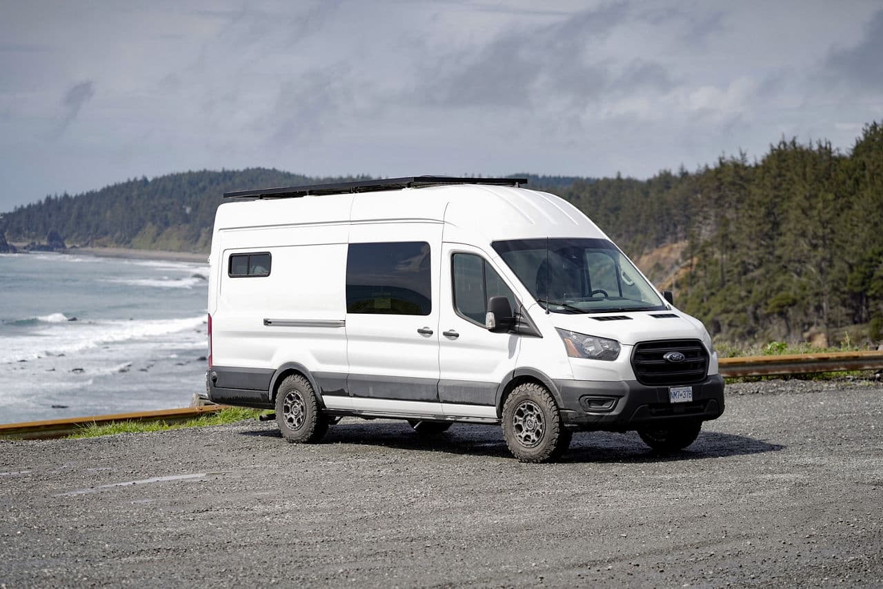 Front view of 2020 Ford Transit with wheels