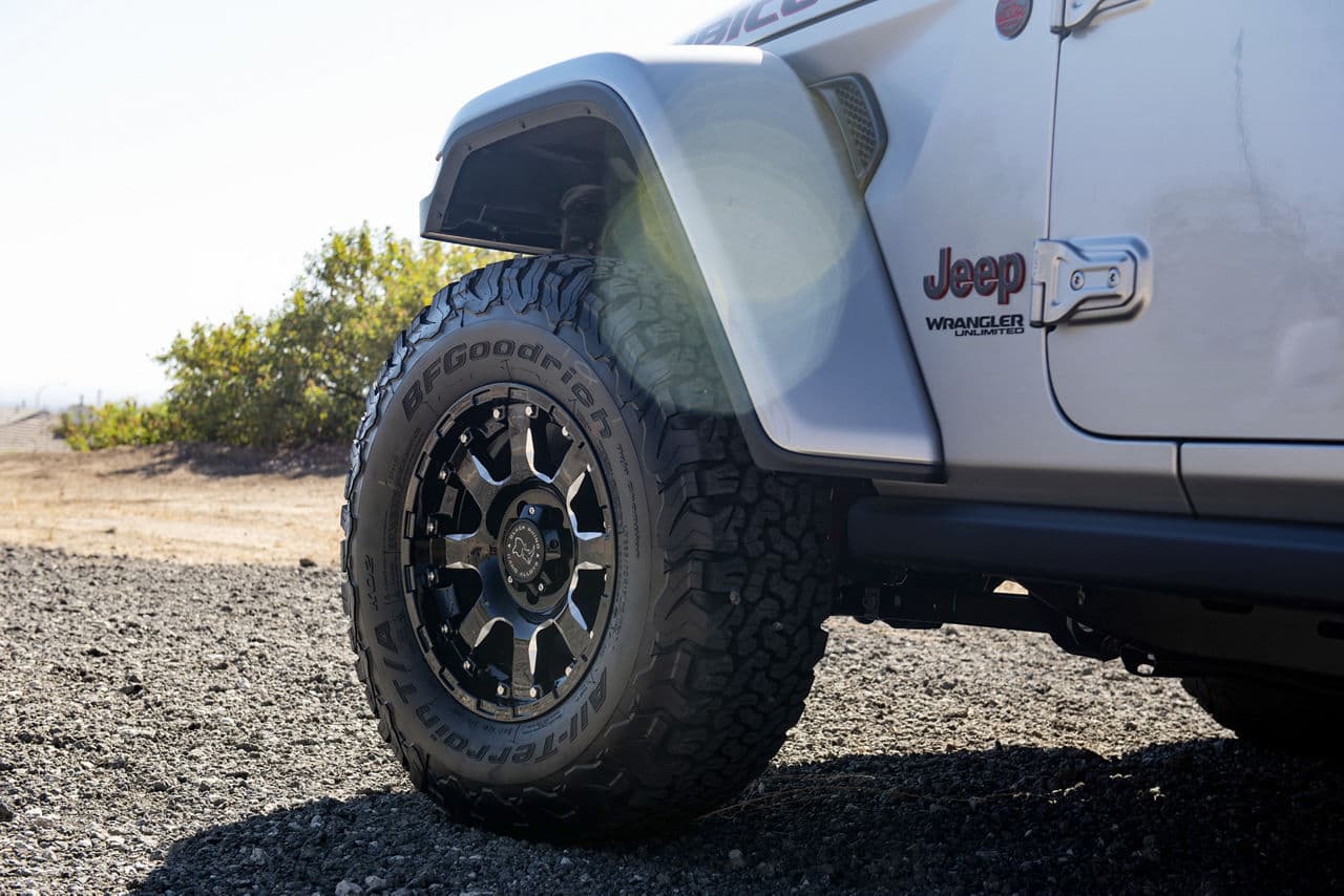 Detail view of 2020 Jeep Wrangler with truck suv wheels