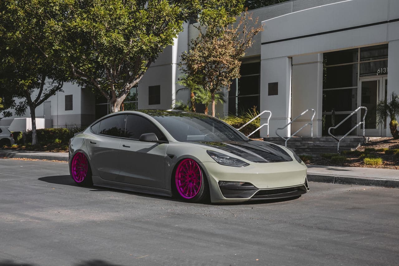 Front view of 2020 Tesla Model 3 with wheels