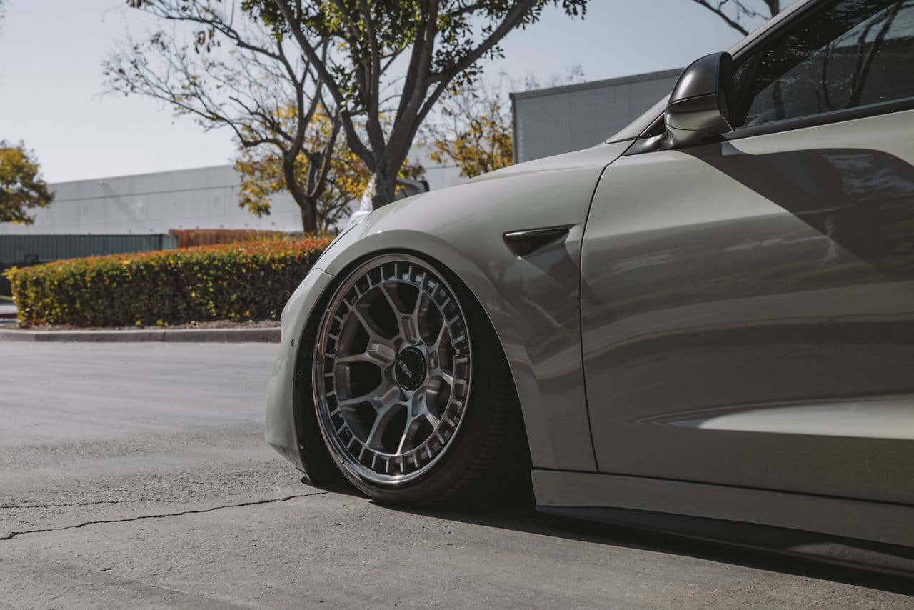 Detail view of 2020 Tesla Model 3 with wheels