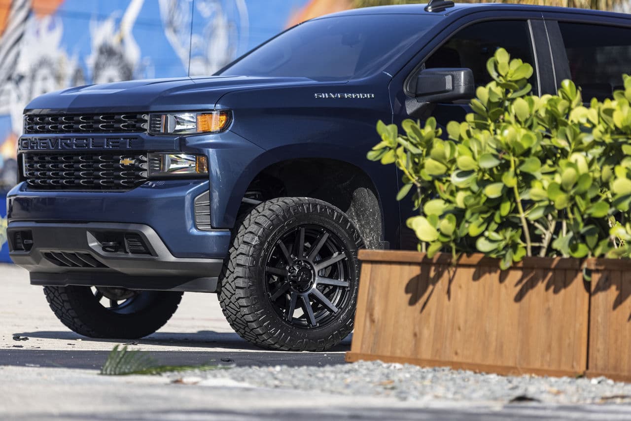 Rear view of 2021 Chevrolet Silverado with wheels