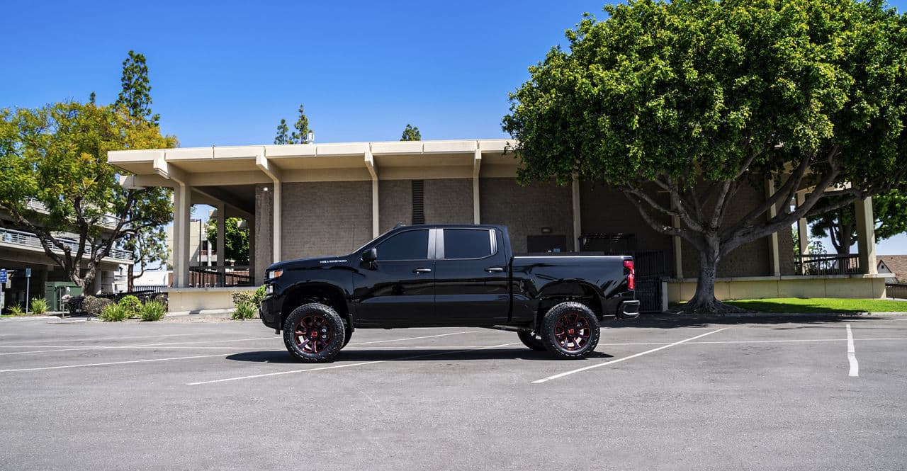 Rear view of 2021 Chevrolet Silverado with wheels