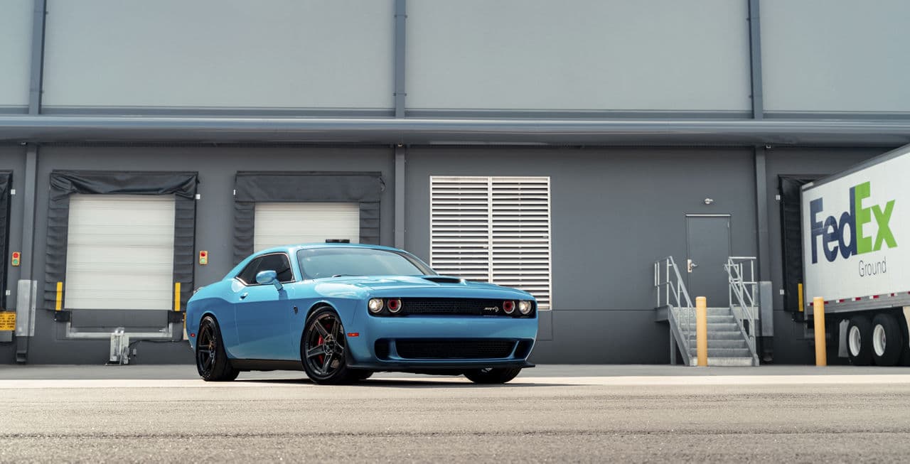 Rear view of 2021 Dodge Challenger Hellcat with wheels