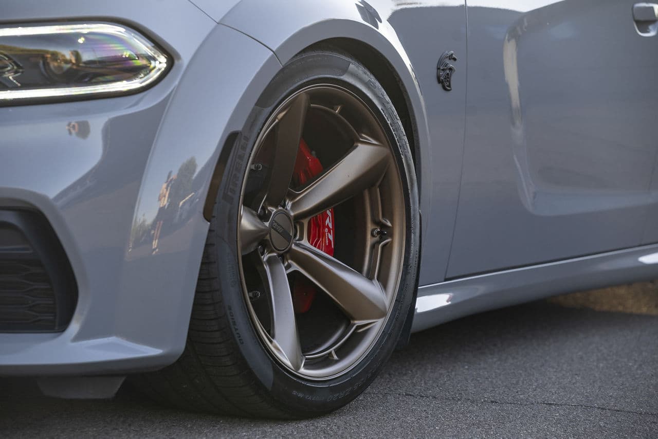 Rear view of 2021 Dodge Charger Hellcat with wheels