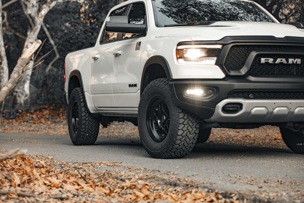 Rear view of 2021 Dodge Ram Rebel with wheels