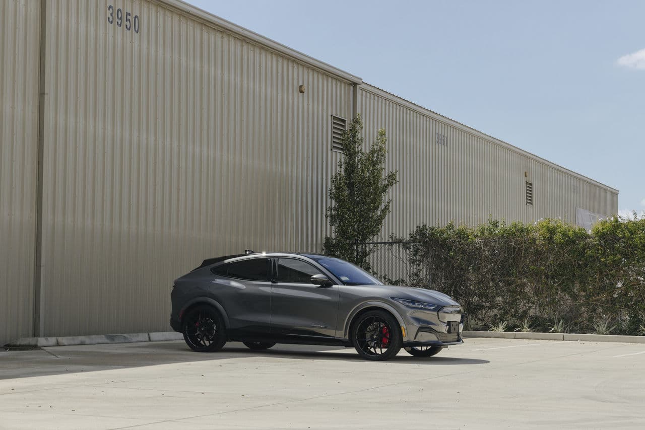 Front view of 2021 Ford Mustang Mach E with wheels