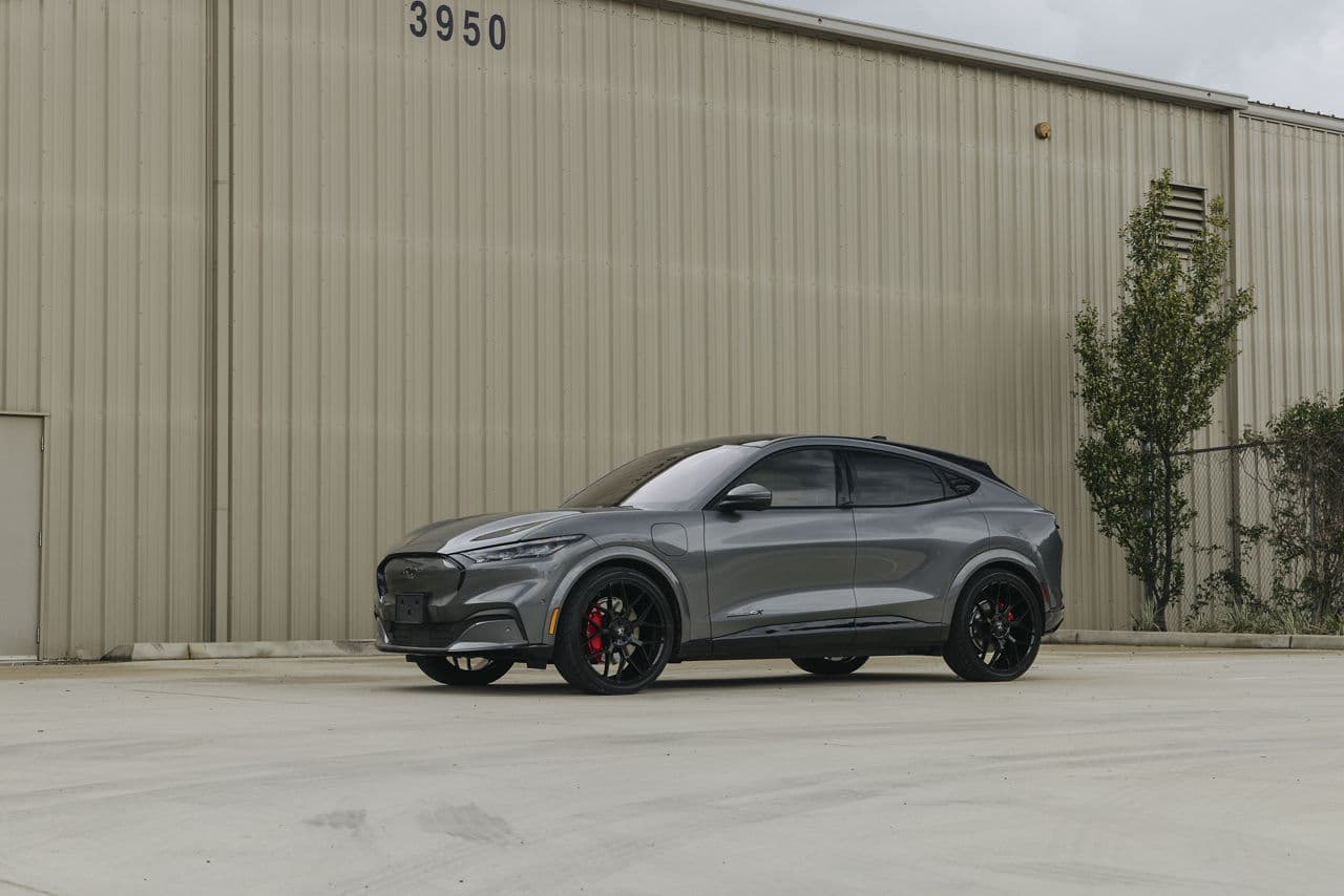 Side profile of 2021 Ford Mustang Mach E with wheels