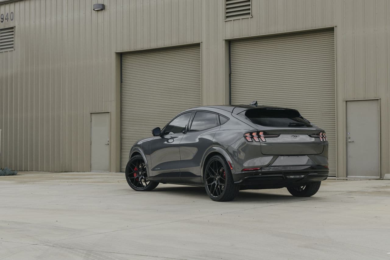 Rear view of 2021 Ford Mustang Mach E with wheels