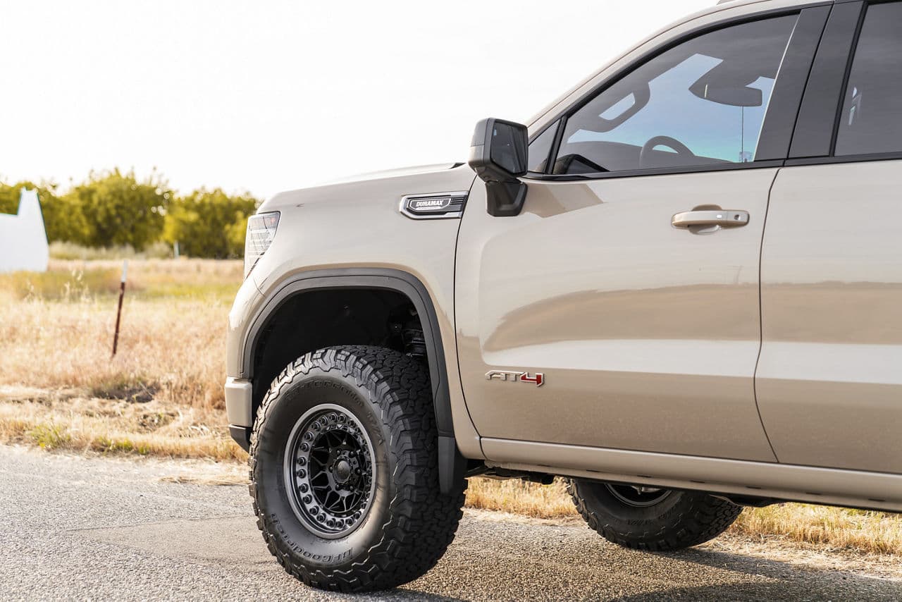 Rear view of 2021 GMC Sierra with wheels