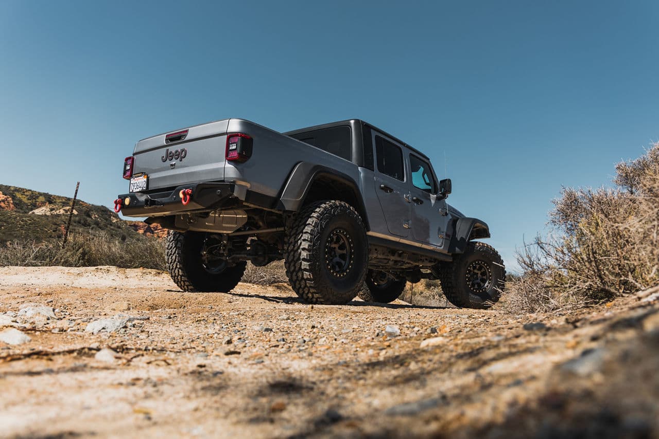 Rear view of 2021 Jeep Gladiator with vehicle wraps