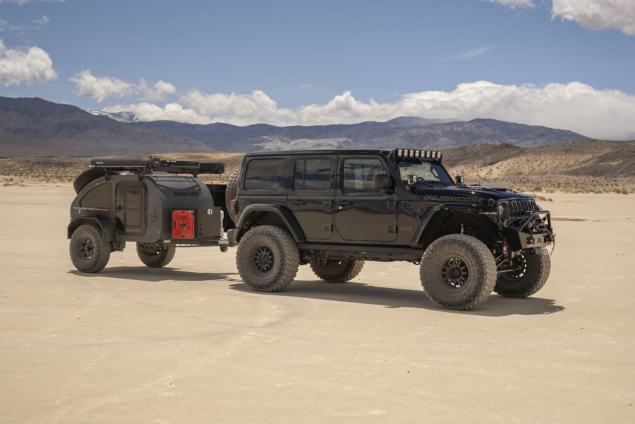 Front view of 2021 Jeep Wrangler with custom wheels and tires