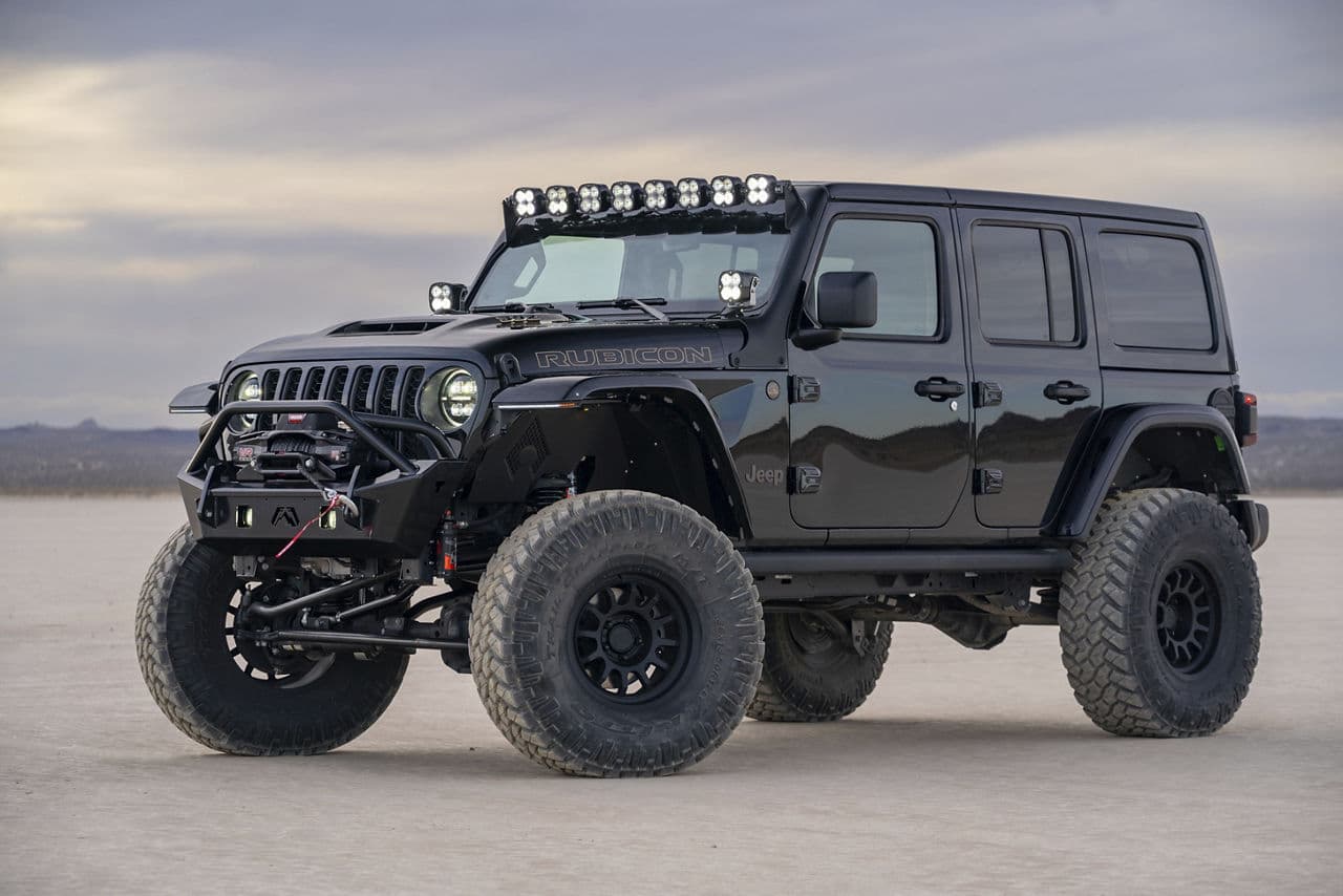 Detail view of 2021 Jeep Wrangler with custom wheels and tires