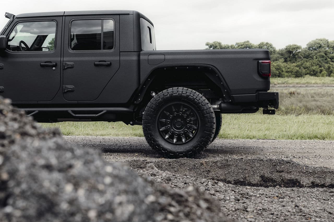 Rear view of 2021 Jeep Wrangler with truck suv wheels