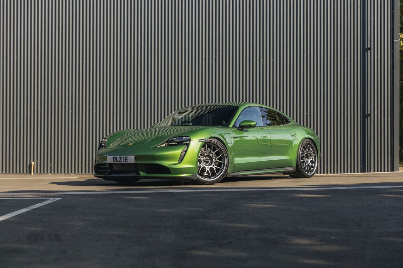 Front view of 2021 Porsche Taycan with wheels