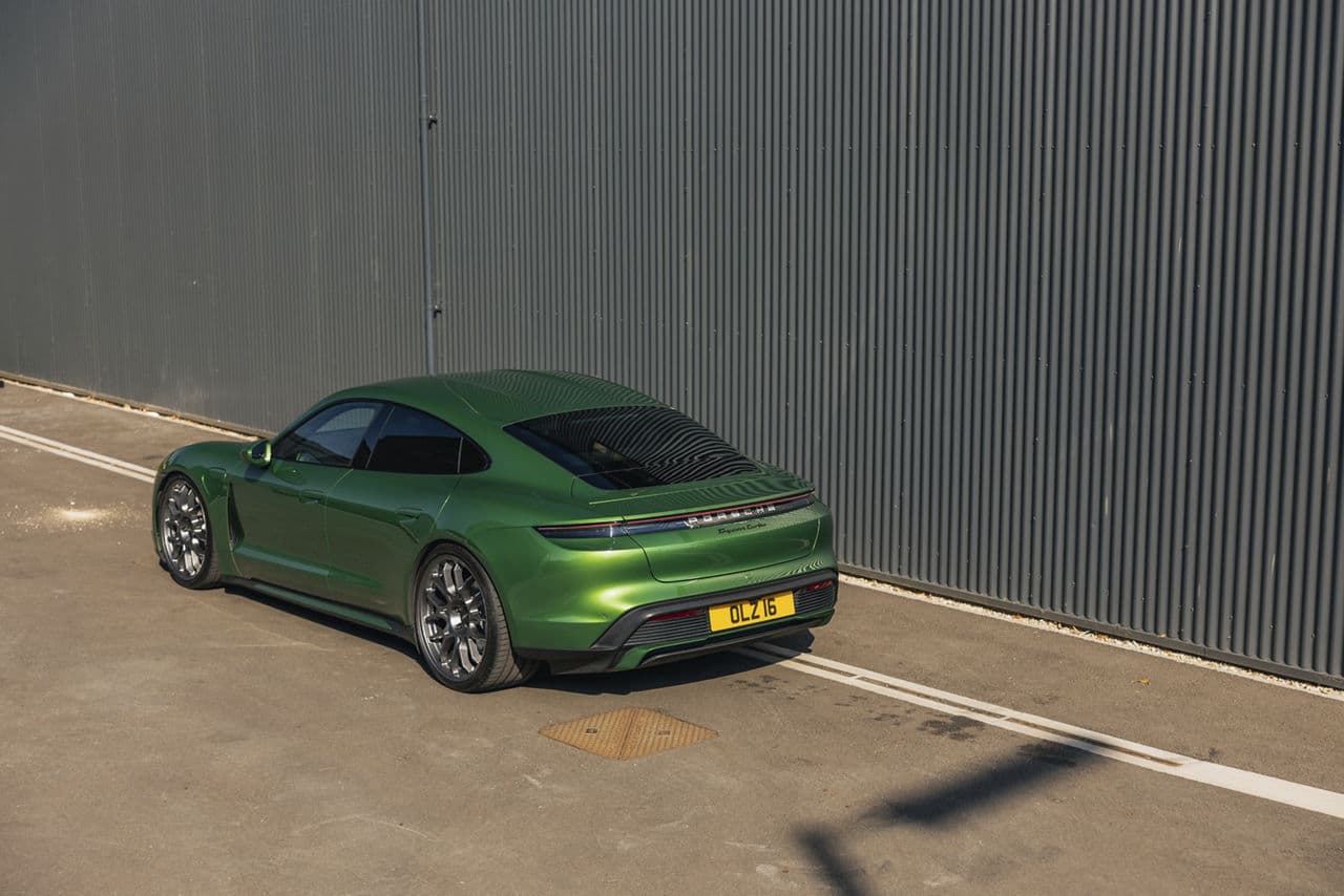 Rear view of 2021 Porsche Taycan with wheels