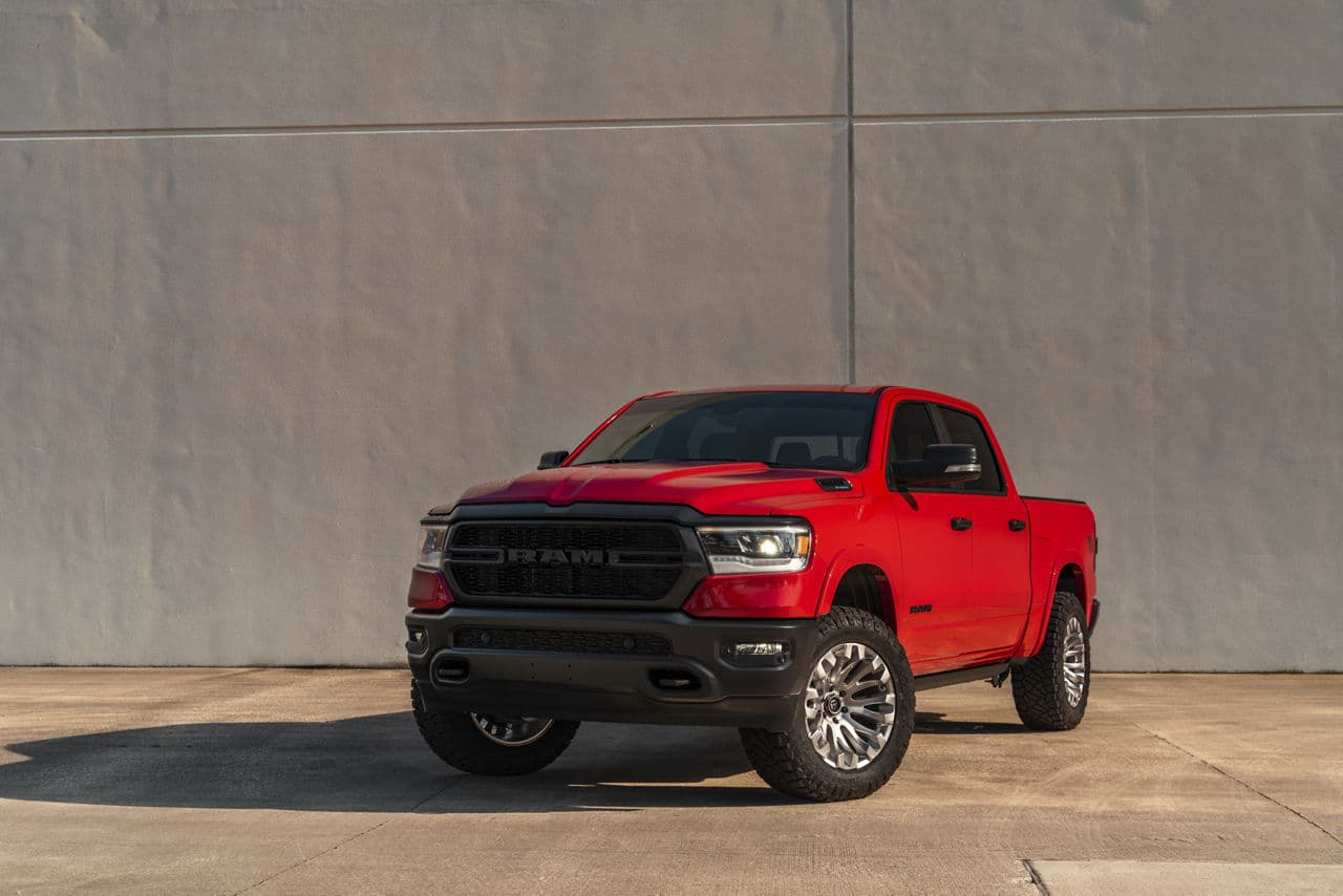 Front view of 2021 Ram 1500 with wheels