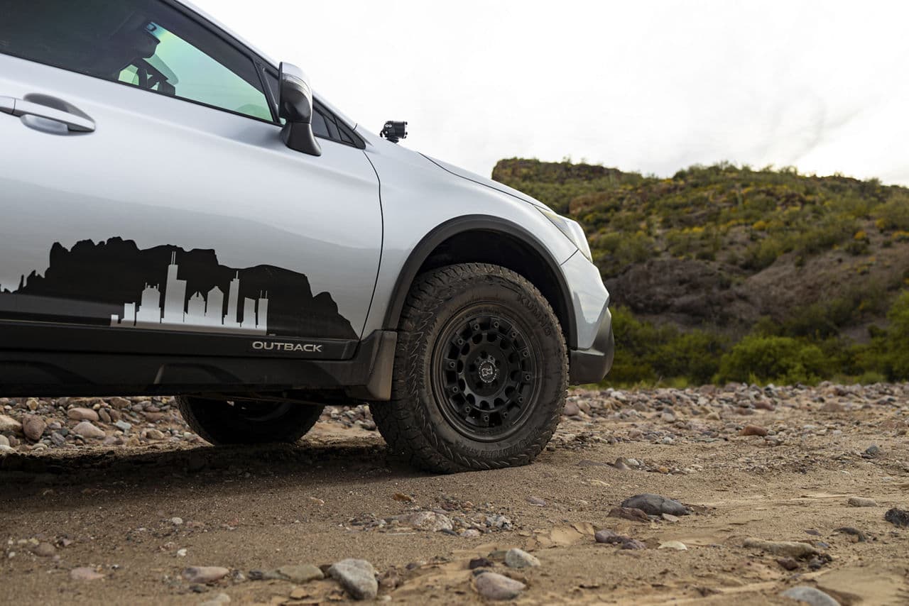 Rear view of 2021 Subaru Outback with wheels