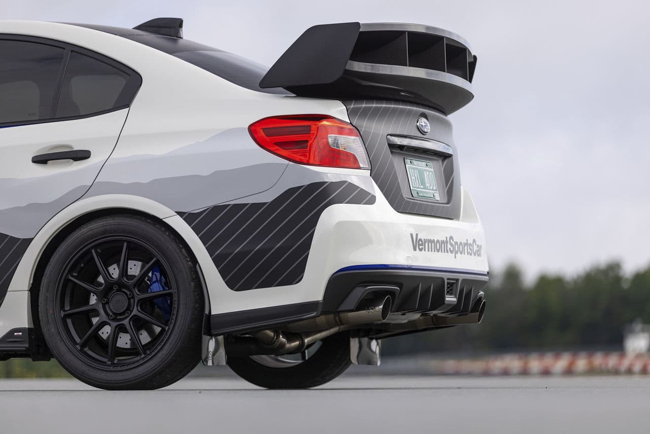 Rear view of 2021 Subaru WRX STI with tuner wheels