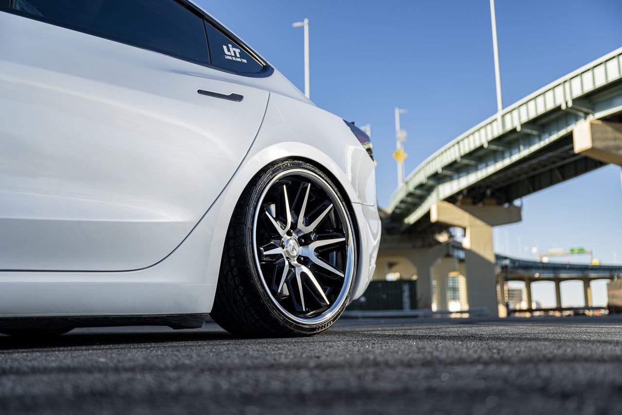 Detail view of 2021 Tesla Model 3 with wheels