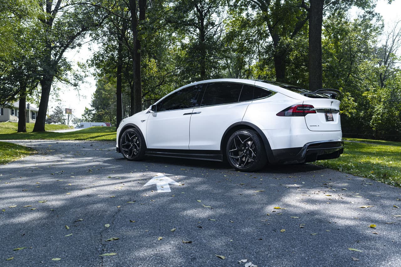 Rear view of 2021 Tesla Model X with wheels