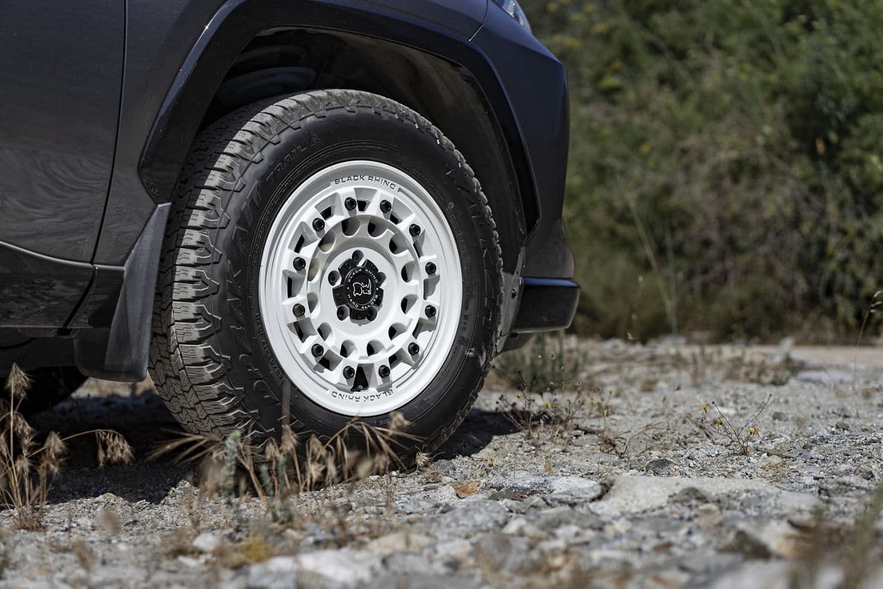 Rear view of 2021 Toyota RAV4 with wheels