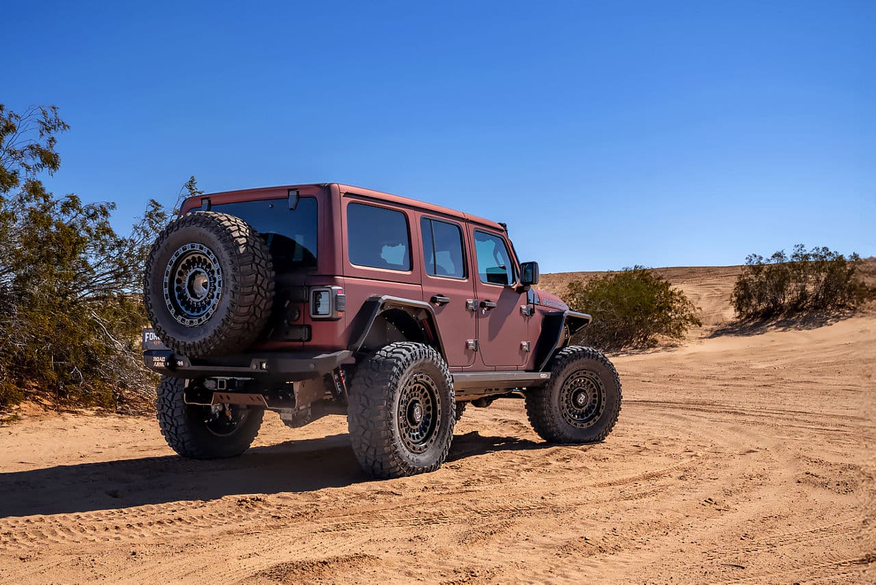 Rear view of 2022 Jeep Wrangler with wheels