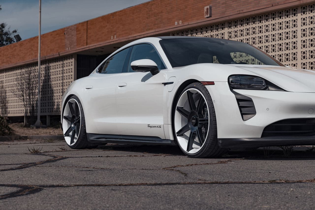 Rear view of 2022 Porsche Taycan with wheels