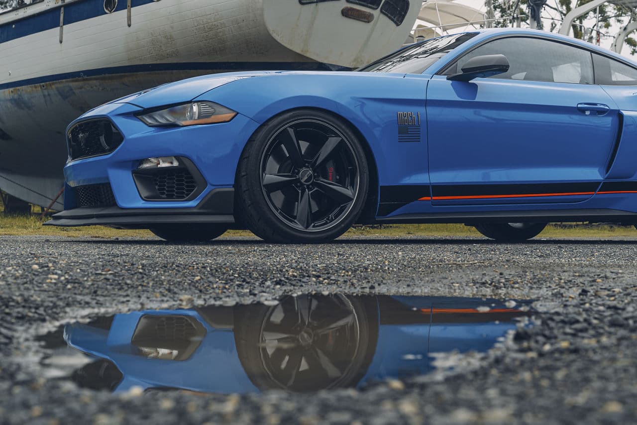Rear view of 2023 Ford Mustang Mach1 with wheels
