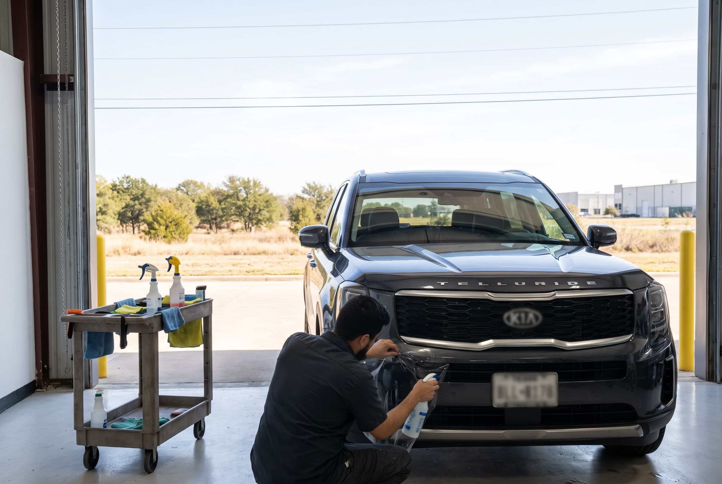 Paint protection film being applied to the front bumper of a black Kia Telluride near Coppell