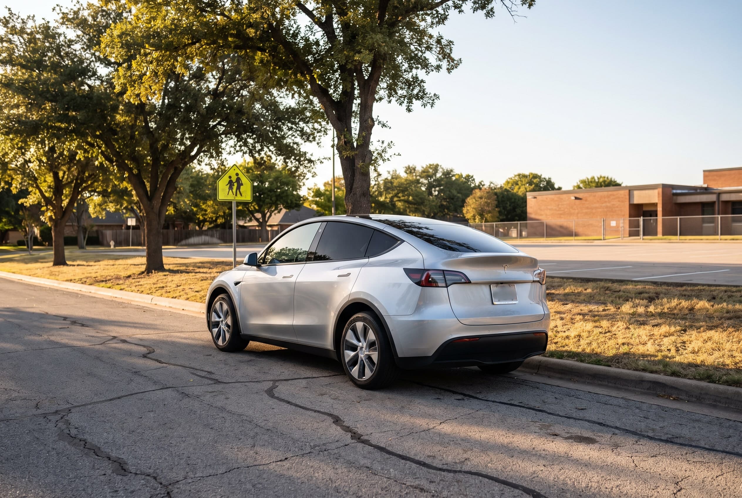 Dark ceramic tint on the rear windows of a silver Tesla Model Y parked outside a Coppell elementary school pickup lane