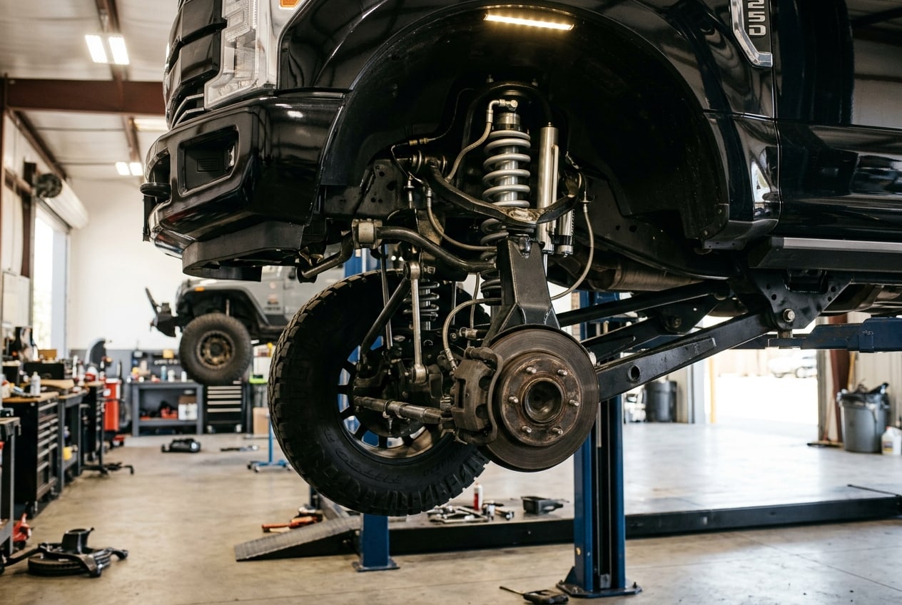 Detailed view of heavy-duty components installed during a 12 Inch Lifted Truck Build process — Metroplex Customs, Irving TX