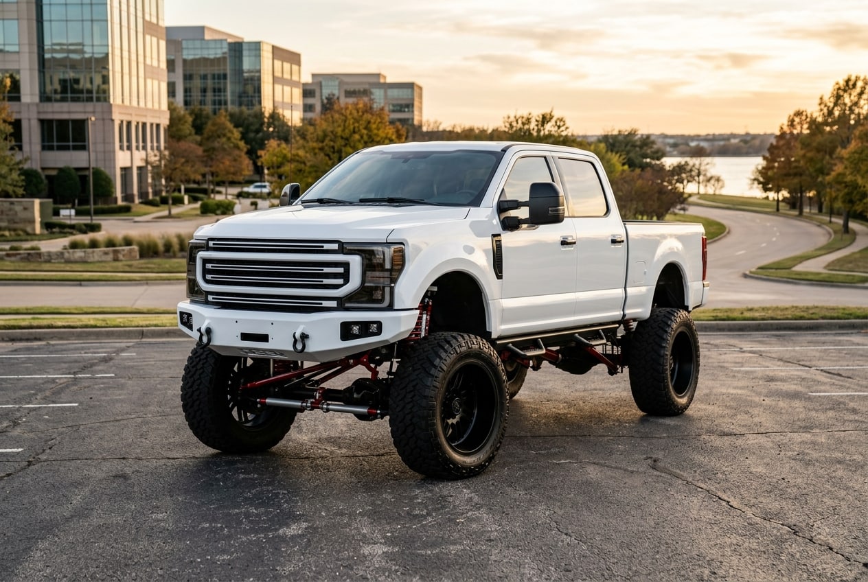 Show-quality 12 Inch Lifted Truck Build featuring custom powder-coated suspension parts — Metroplex Customs, Irving TX